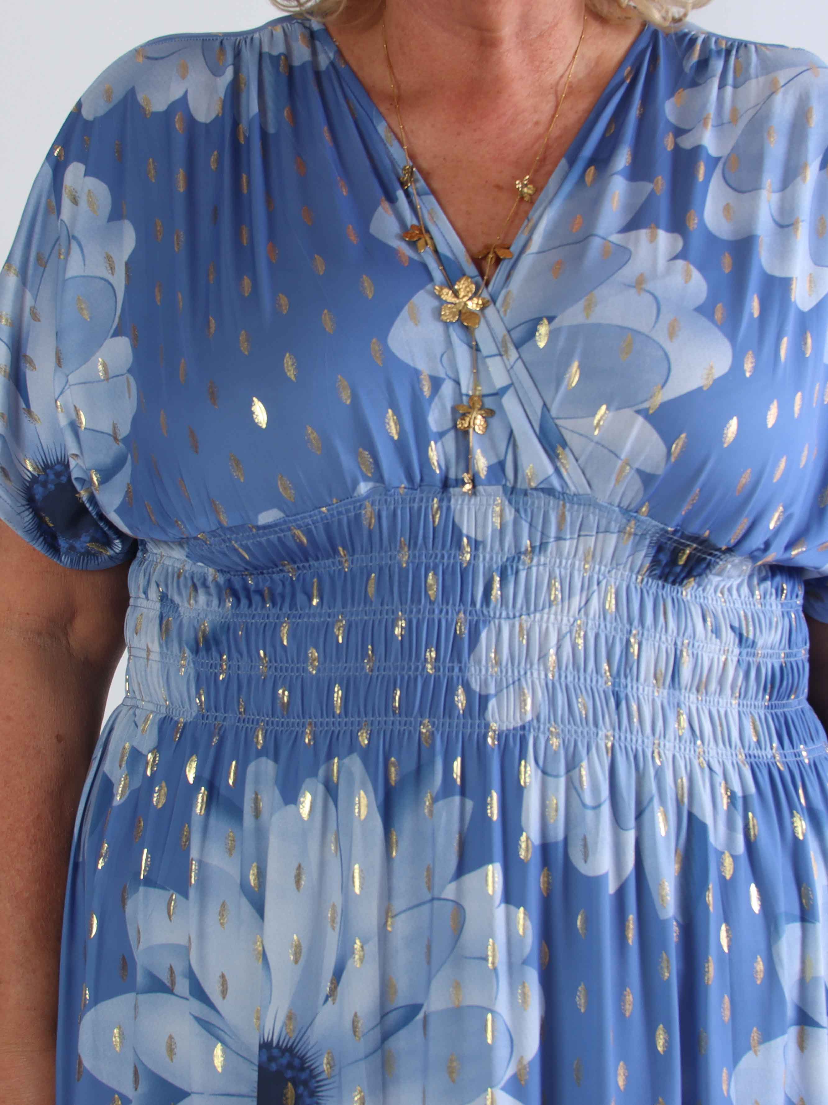 Pams Eden - Lang plus size kjole med store blomster og guld dutter